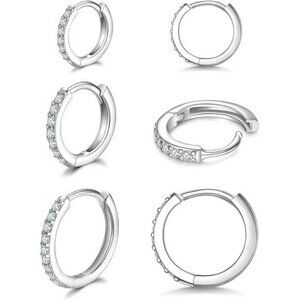 Sterling Silver CZ Huggie Hoop Earrings Set Hypoallergenic Small Cartilage